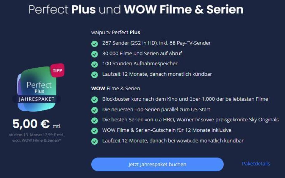 Knaller: 12 Monate "Waipu.tv Perfect Plus" mit "WOW Filme und Serien" für je 5 Euro