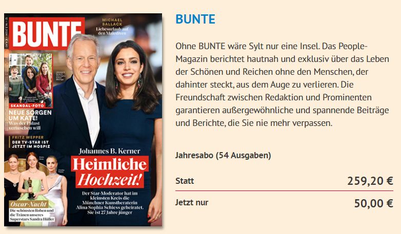 Bunte: Selbst endendes Jahresabo für 50 statt 259,20 Euro