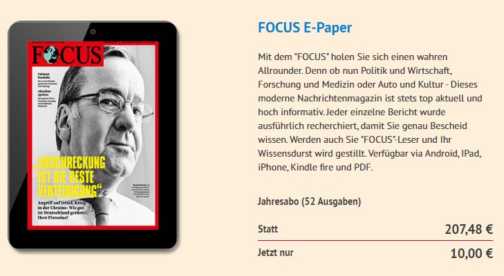 Focus: ePaper-Jahresabo mit automatischem Ende für 10 Euro