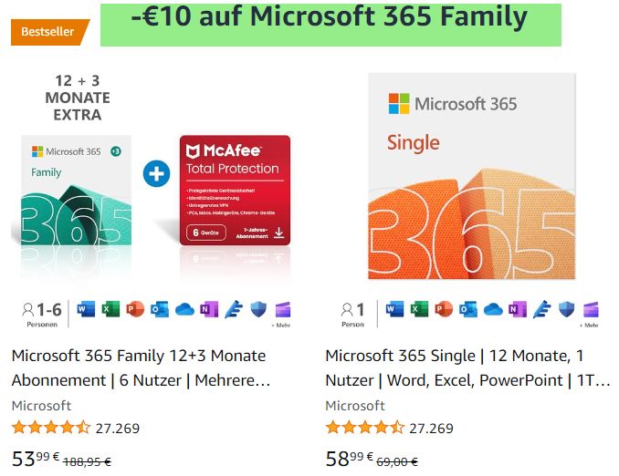 Amazon: 15 Monate Microsoft 365 Family für 53,99 Euro & Gutschein über 10 Euro