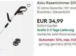 Ebay: Akku-Rasentrimmer mit 10 Jahren Garantie für 34,99 Euro