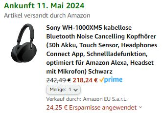 B-Ware: ANC-Kopfhörer Sony WH 1000XM5 via Amazon für 218,24 Euro