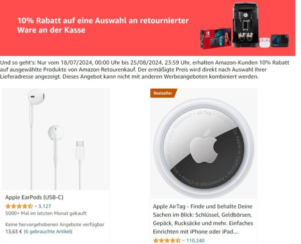 Amazon Retourenkauf AppleProdukte 10 Prozent günstiger Discountfan.de