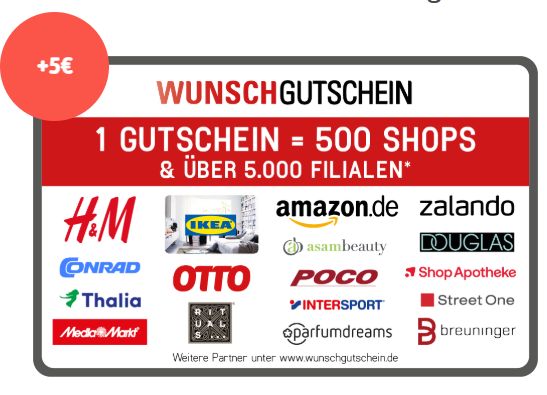 Wunschgutschein: 5 Prozent Extra-Guthaben via Rewe
