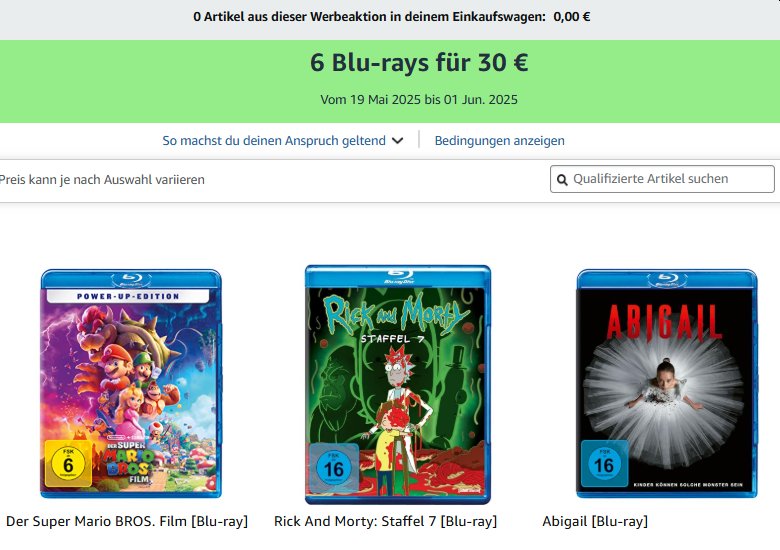 Amazon: Sechs Blu-rays nach Wahl für 30 Euro