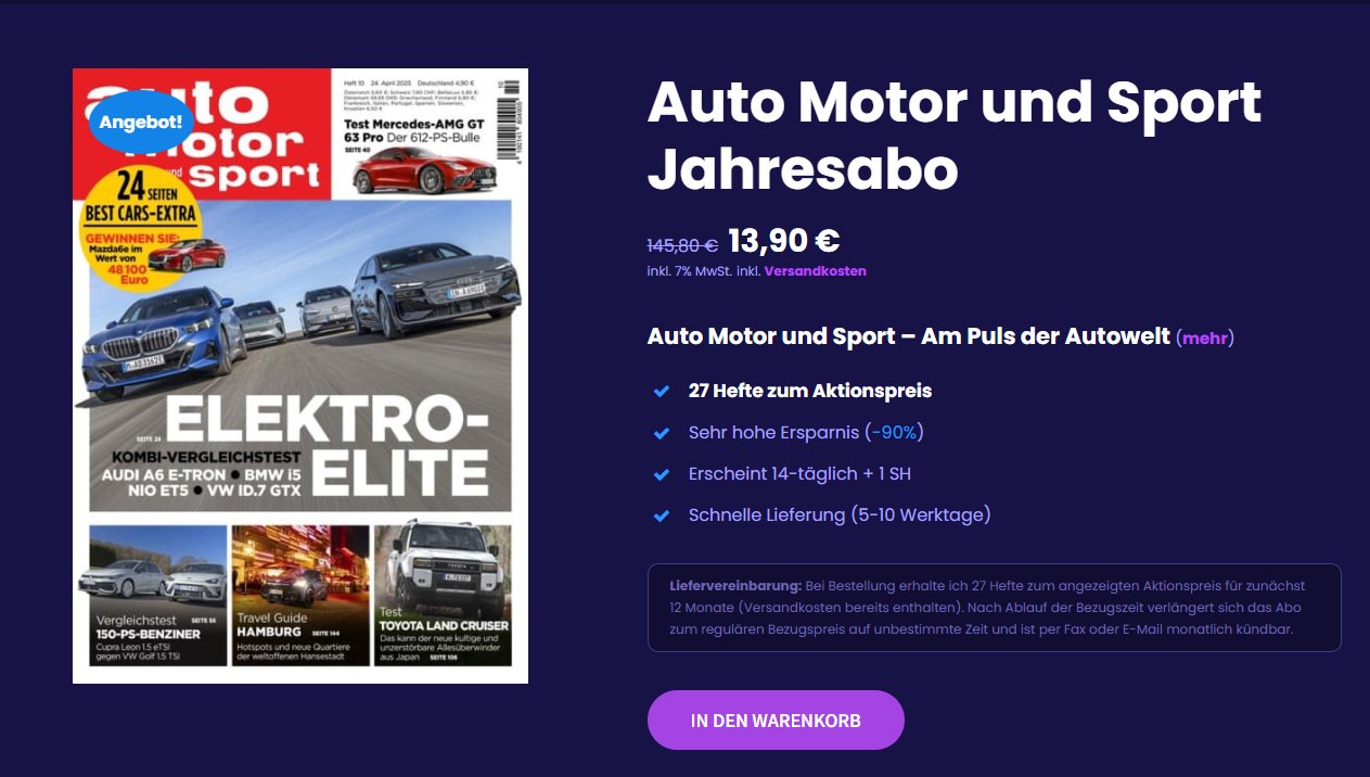 Auto Motor und Sport: Jahresabo für 13,90 statt 145,90 Euro