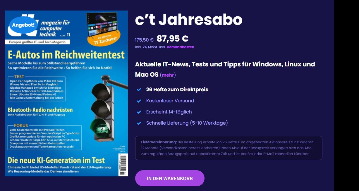 c't: Jahresabo für rabattierte 87,95 Euro plus Gutschein über 5 Euro