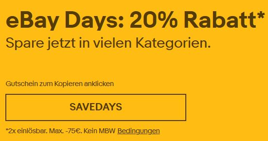 Ebay Days: Technik und mehr mit 20 Prozent Rabatt