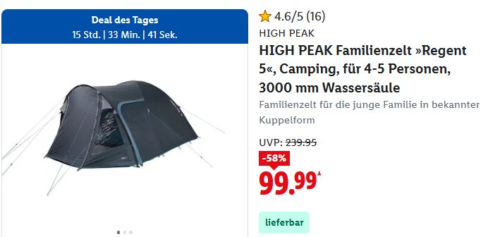 Lidl: 5-Personen-Zelt "Regent 5" für 99,99 Euro