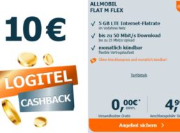 Logitel: Monatlich kündbare Vodafone-Flat für 4,99 Euro mit 10 Euro Cashback