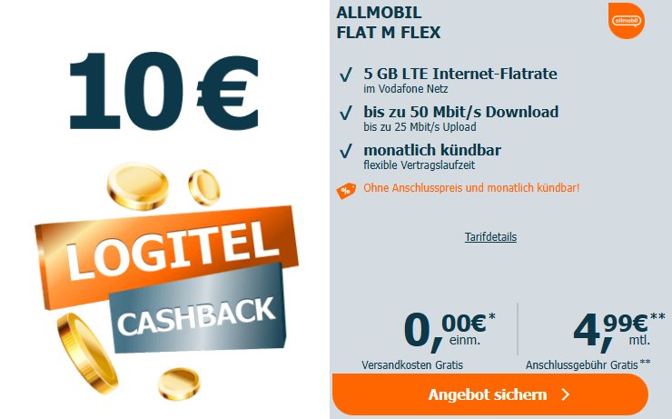 Logitel: Monatlich kündbare Vodafone-Flat mit 10 Euro Cashback