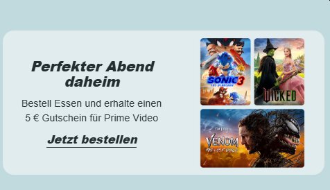 Gratis: Prime-Video-Gutschein über 5 Euro via Lieferando