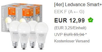 Ebay: Viererpack smarte LED-Birnen (dimmbar) für 12,99 Euro