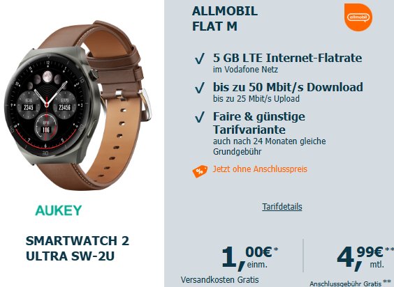 Vodafone-Netz: Smartwatch für 1 Euro zum Vertrag für 4,99 Euro