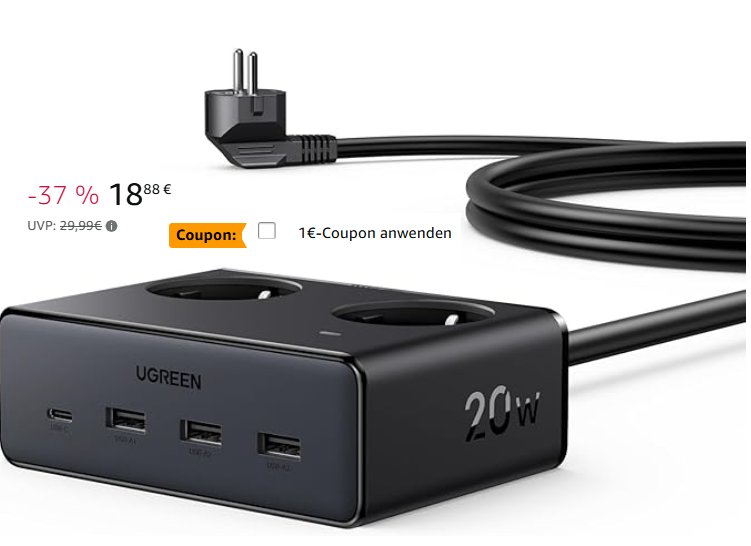 Ugreen: Steckdosenleiste mit vier Schnelllade-Ports für 17,88 Euro