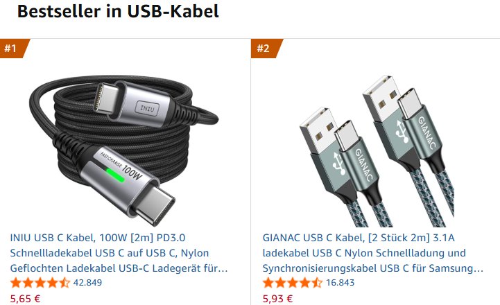 Amazon: USB-C-Kabel mit 2 Meter Länge für 5,65 Euro