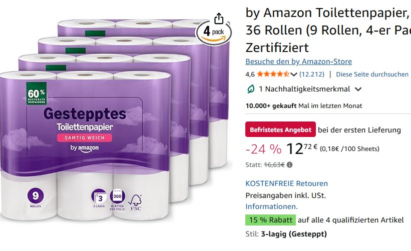 Amazon: WC-Papier im Sparabo ab 30 Cent / Rolle