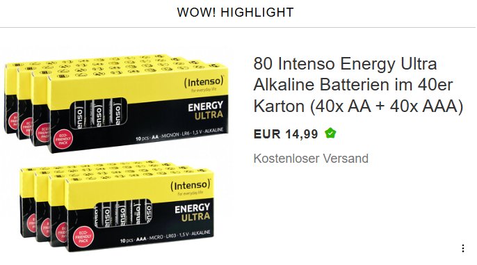 Ebay: 80er-Pack Intenso-Batterien für 14,99 Euro frei Haus