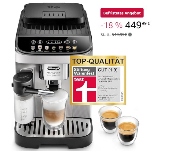 Amazon: De'Longhi-Maschine mit gutem Testergebnis für 449,99 Euro