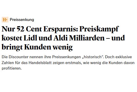 Handelsblatt: Kunden profitieren kaum von Discounter-Preissenkungen