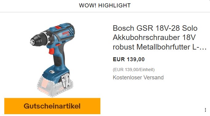 Bosch: Akkuschrauber "GSR 18V-28 Solo" für 125,10 Euro frei Haus