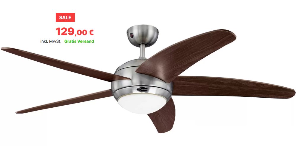 Völkner: Westinghouse-Deckenventilator mit Licht für 129 Euro frei Haus