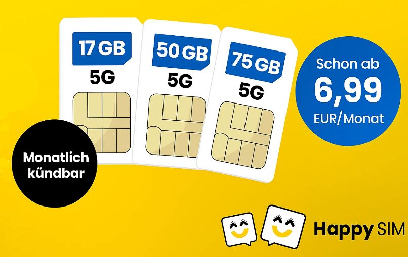 Happy SIM: 17 GByte 5G, monatlich kündbar für 6,99 Euro