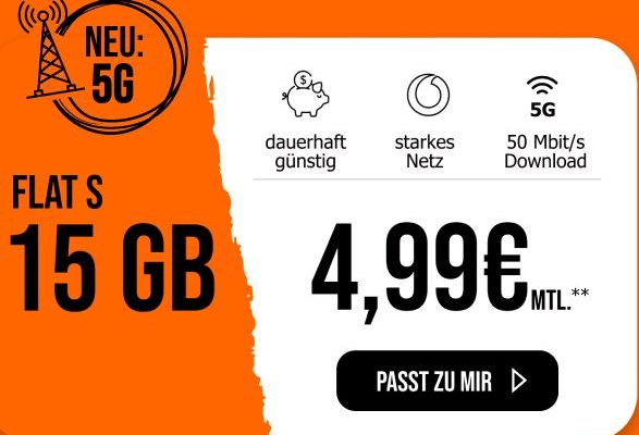 Vodafone-Netz: 15 GByte 5G-Daten mit Allnet-Flat für 4,99 Euro