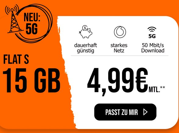Vodafone-Netz: 15 GByte 5G-Daten mit Allnet-Flat für 4,99 Euro