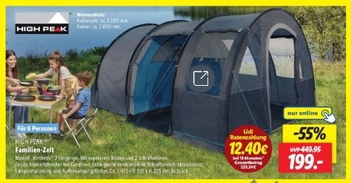 Lidl: Großraumzelt (6 Personen) für 199 Euro