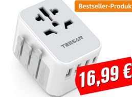 Amazon: Reiseadapter mit 4 USB-Anschlüssen für 16,99 Euro