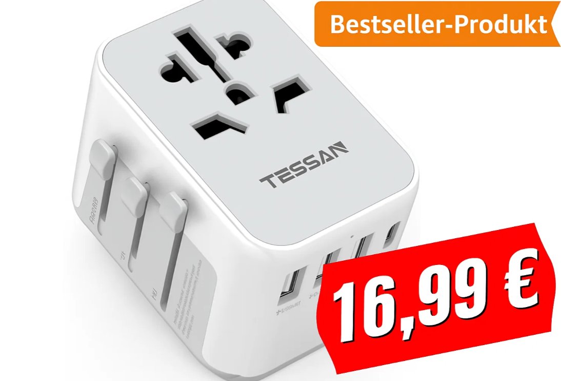 Amazon: Reiseadapter mit 4 USB-Anschlüssen für 16,99 Euro