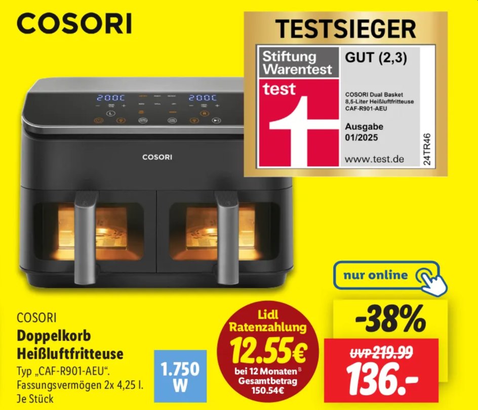 Lidl: Testsieger-Heißluftfritteuse für 136 Euro