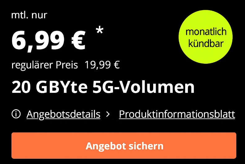Vodafone-Netz: 20 GByte 5G, monatlich kündbar für 6,99 Euro