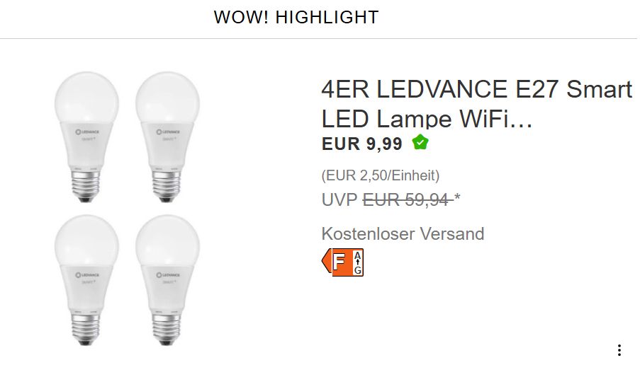 Ebay: Viererpack smarte LED-Birnen für 9,99 Euro frei Haus