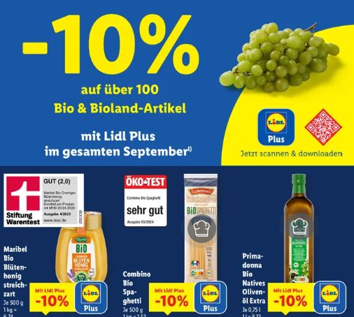 Lidl Plus: 10 Prozent Rabatt auf über 100 Bio-Artikel