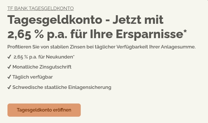Tagesgeld: Zins von 2,65 Prozent mit monatlicher Auszahlung bei TFBank