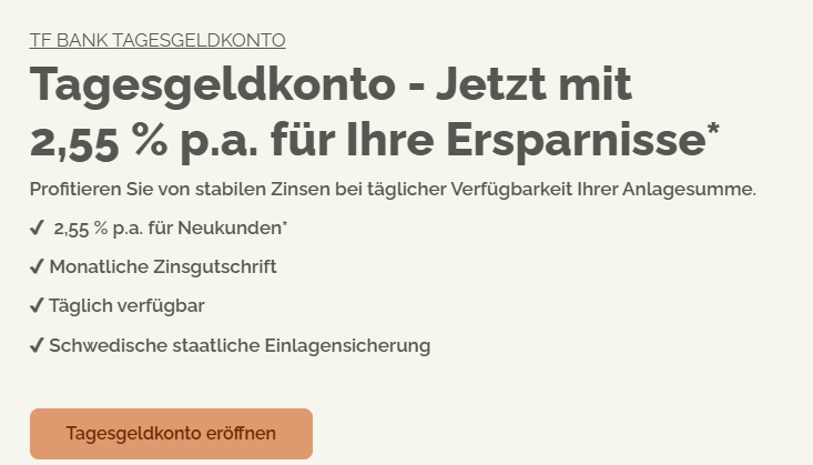 Tagesgeld: Zins von 2,55 Prozent mit monatlicher Auszahlung bei TFBank