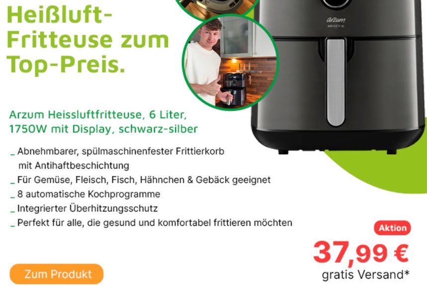 Völkner: Arzum-Heißluftfritteuse für 37,99 Euro frei Haus