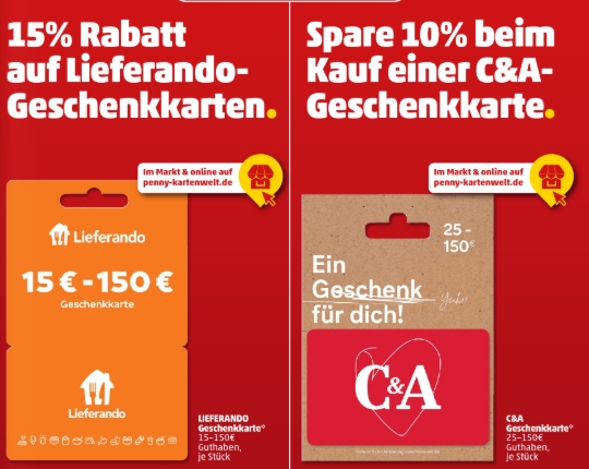 Penny: Lieferando-Guthaben mit 15 Prozent Rabatt, C&A mit 10 Prozent