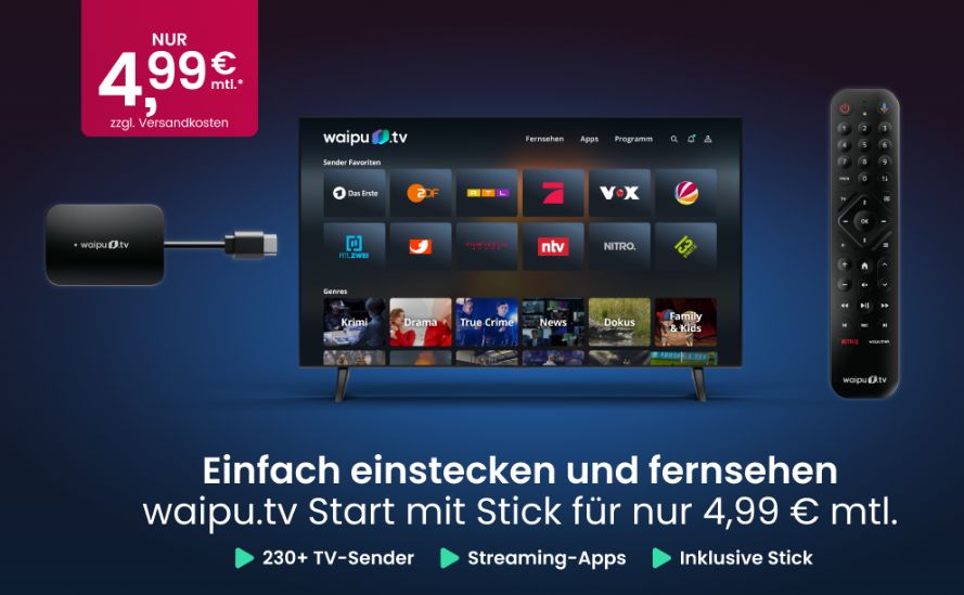 Waipu.tv Start: Neuer Einsteigertarif mit Stick für 4,99 Euro / Monat