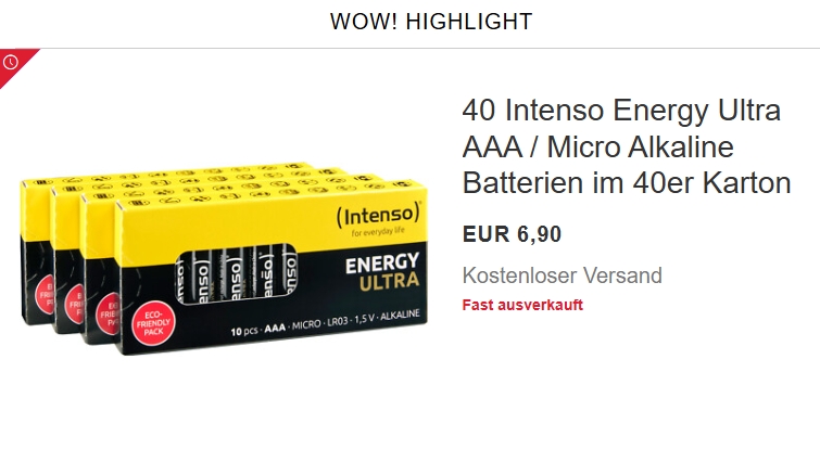 Ebay: 40er-Pack AAA-Batterien von Intenso ab 6,65 Euro