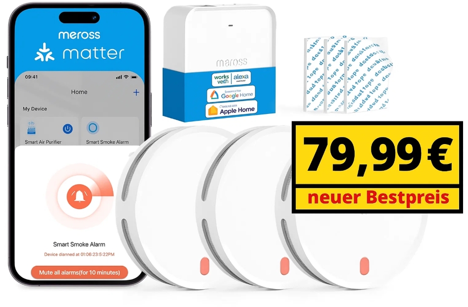 Meross: Matter-Rauchmelder im 3er-Set mit Hub zum Bestpreis von 79,99 Euro