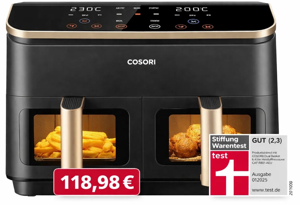 Amazon: Testsieger-Heißluftfritteuse mit zwei Kammern für 118,98 Euro