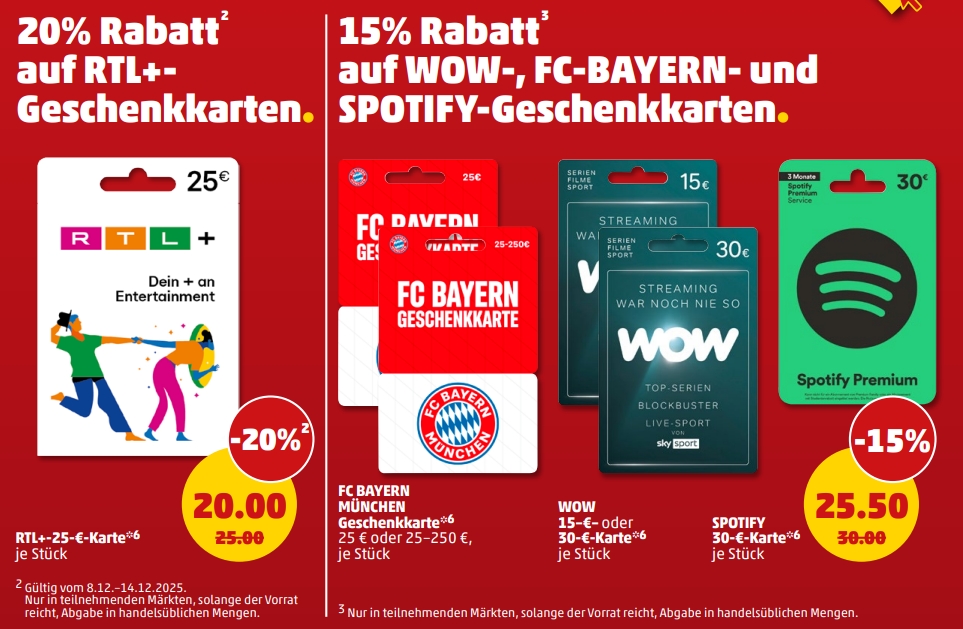 Penny: Guthabenkarten von Spotify, RTL+ und Wow mit Rabatt