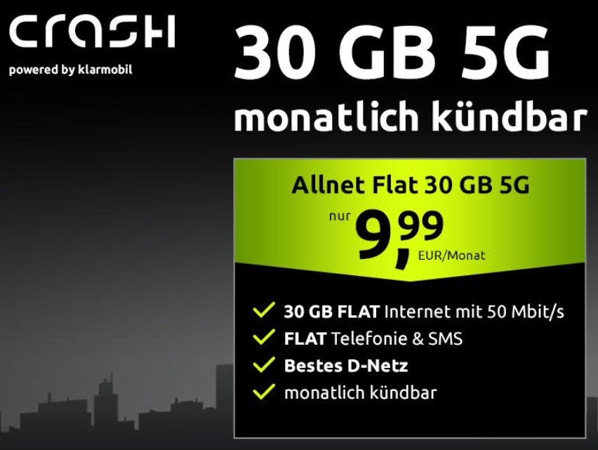 Crash: Monatlich kündbare D-Netz Flat mit 30 GByte 5G für 9,99 Euro