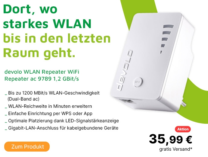 Völkner: WLAN-Repeater Devolo AC 9789 für 35,99 Euro frei Haus