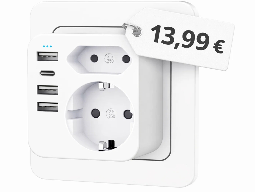 Amazon: Kompakte 6-fach Steckdose mit 4 x USB für 13,99 Euro