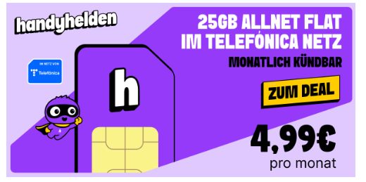 Handyhelden: Allnet-Flat mit 25 GByte 5G-Volumen für 4,99 Euro
