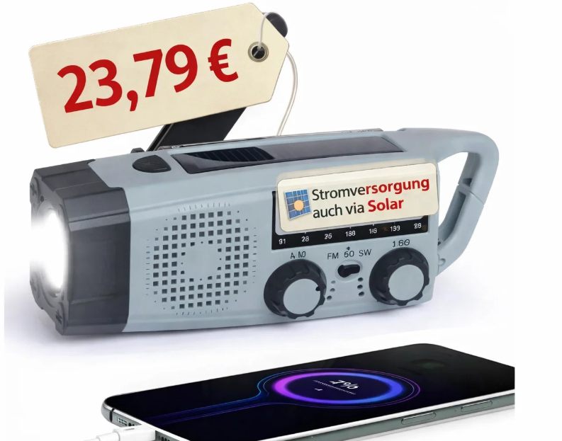 Amazon: Kurbelradio mit Powerbankfunktion und Solarmodul für 23,79 Euro